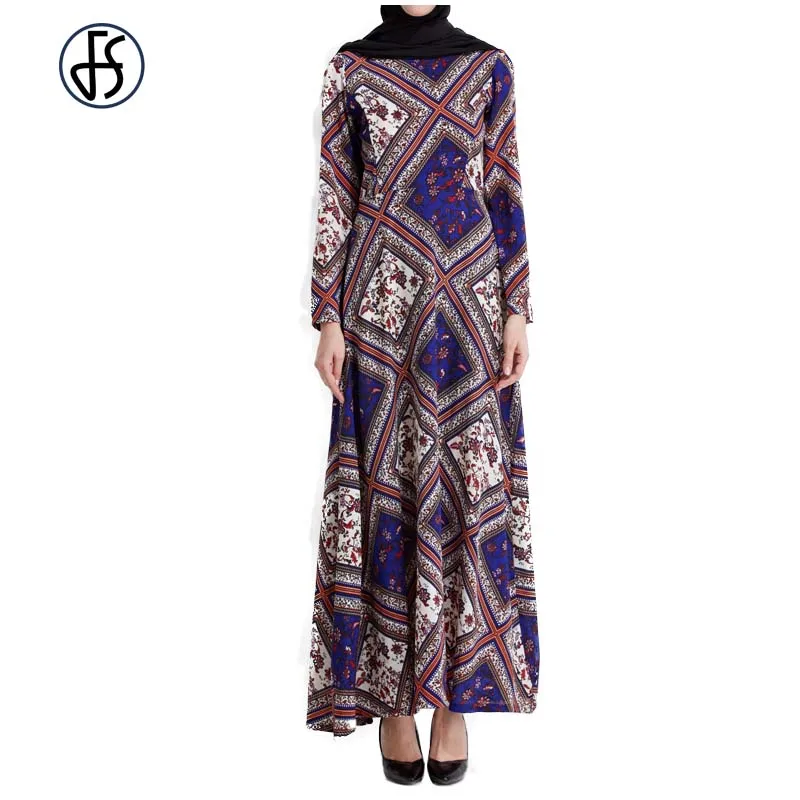 FS Muslim Women Dubai Dress Maxi Abaya Islami Vintage Digital Print