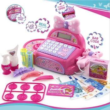 

New Pink Kids Supermarket Cash Register Electronic Toys With Foods Basket Money Children Learning Education Pretend Play Set Toy