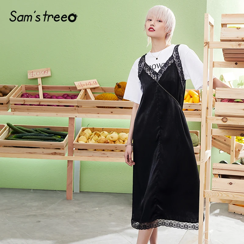 

Sam's Tree Summer Lace Spaghetti Strap Dresses Asymmetrical V-Neck Vintage A-Line Mid-Calf Dress Sleeveless Plus Size Vestidos
