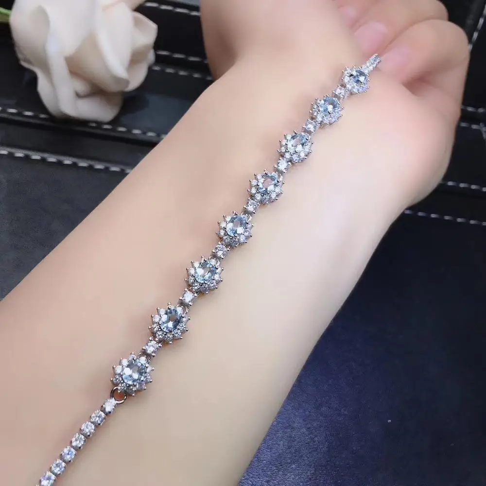 Élégant simple fleur ronde bleu naturel aigue-marine Bracelet naturel pierre gemme Bracelet 925 arg
