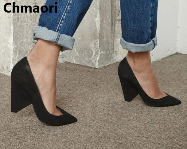 

2018 hot selling Summer pu leather pure black pointed toe shallow slip on strange high heel woman pumps