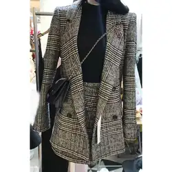 2018 г. женские новый стиль ржанка плед костюм + юбка комплект из двух предметов Женские кнопки темперамент Тонкий костюм с длинными рукавами
