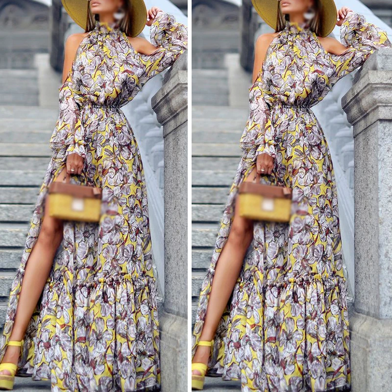 

Holiday Dress Long Split Casual Summer Beach Cocktail Womens Cold shoulder