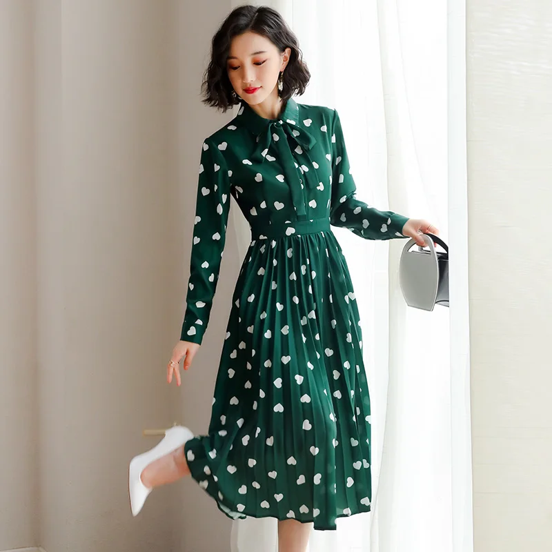 

2019 New Women Dress Casual Bow Patchwork Draped Print Lady Dress Turn-Down Collar Ball Gown Comfortable Simplicity Clothes