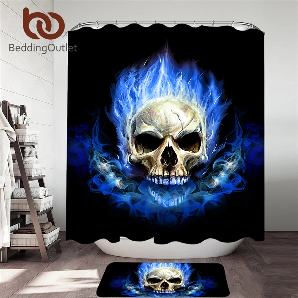 

BeddingOutlet Flame Skull Shower Curtain Set 3D Gothic Bath Curtain With Non-slip Floor Rug Mat Blue Fire tenda doccia Wholesale