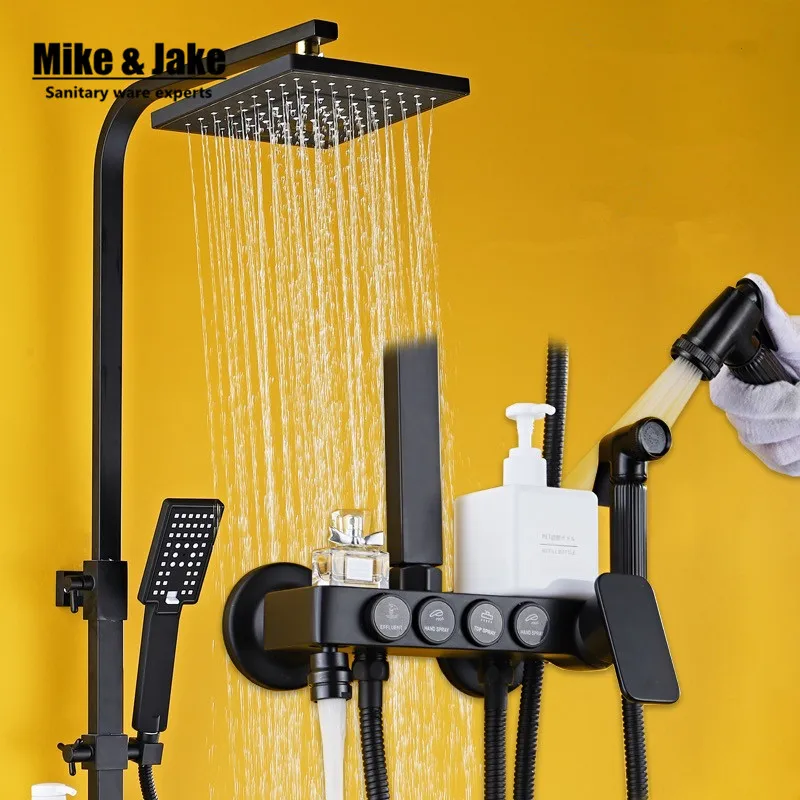 Bathroom Luxury pure black shower set with bidet shower with shelf