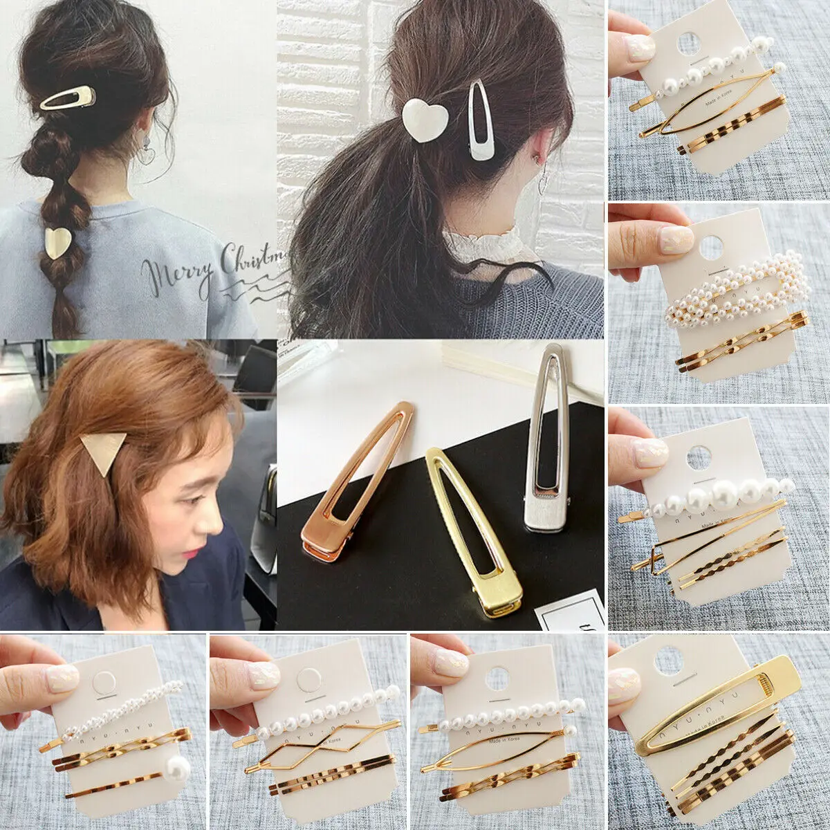 

3 Style Set Elegant Women's Pearl Hair Clip Barrette Gold Hairpin Slide Grips Hair Accessories