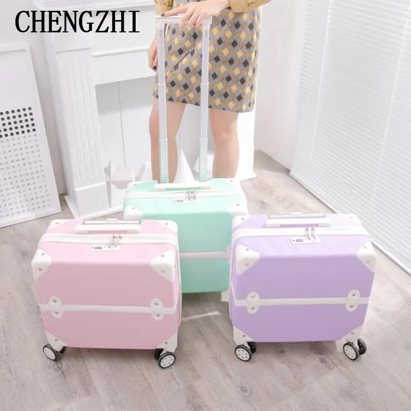 CHENGZHI 18" cute girl carry on trolley rolling luggage pink purple vintage travel suitcase for cabin