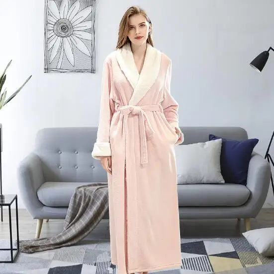 Фланелевые халаты для пар, осенне-зимний длинный халат, Толстая теплая домашняя одежда для женщин и мужчин, банный халат, повседневная одежда для сна, халат femme - Цвет: pink
