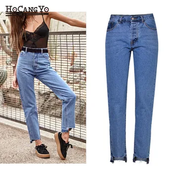 

HCYO High Waist Jeans Women Long Denim Pants Ripped Tassels Washed Loose Straight Jean Trousers Female Cotton Denim Jeans Pant