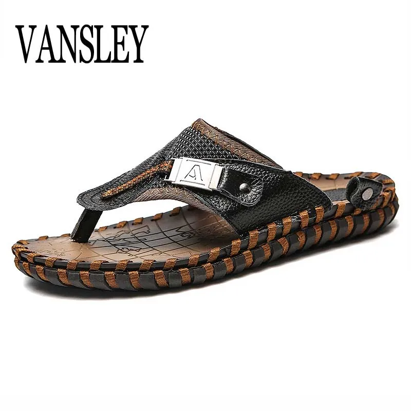 

New Brand Summer Men's Slippers Sandals Casual Shoes Moccasins Genuine Leather Rome Beach Sandals Men metal Flip Flops Slippers