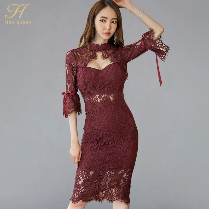 

H Han Queen Women's Patchwork Autumn Dress 2018 Sexy Elegant Solid Color Flare Sleeve Hollow Out Dress Bodycon Pencil Vestidos