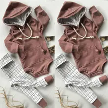 Одежда для маленьких мальчиков и девочек, комбинезон с капюшоном+ клетчатые штаны, комплект одежды из 2 предметов