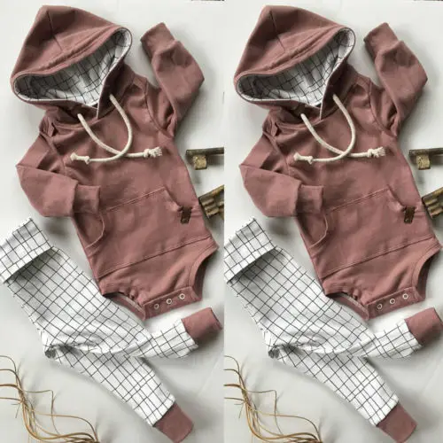 

Toddler Baby Kids Boys Girls clothes Hooded romper +plaid Pants 2Pcs Outfits Set Clothes