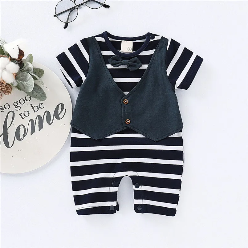 Infant Baby Boys Short Sleeve Gentleman Bow Tie Striped Print Romper Jumpsuit  (10)
