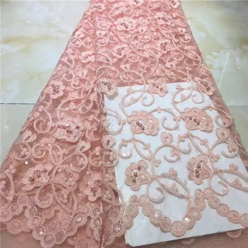 

high quality French Nigerian net lace pink African tulle mesh lace fabric with beads for party dress 5yards