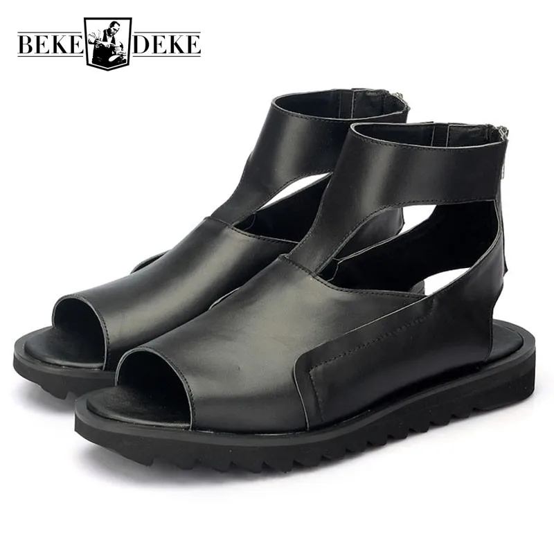 

England Style Thick Platform Mens Sandals Summer Open Toe Water Slides Brand Genuine Leather Gladiator Sandals Male Beach Shoes