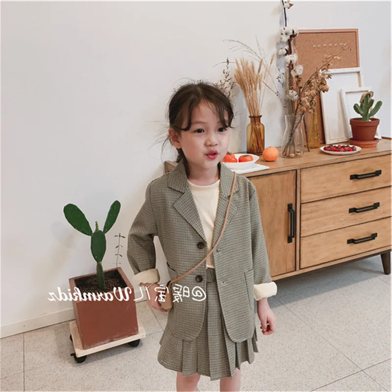 2pcs Kids Suits for Girls Kids Blazers Jackets+plaid Skirts Kids Girls Outerwear Jackets Set Girl Set Clothes Blazers Coat