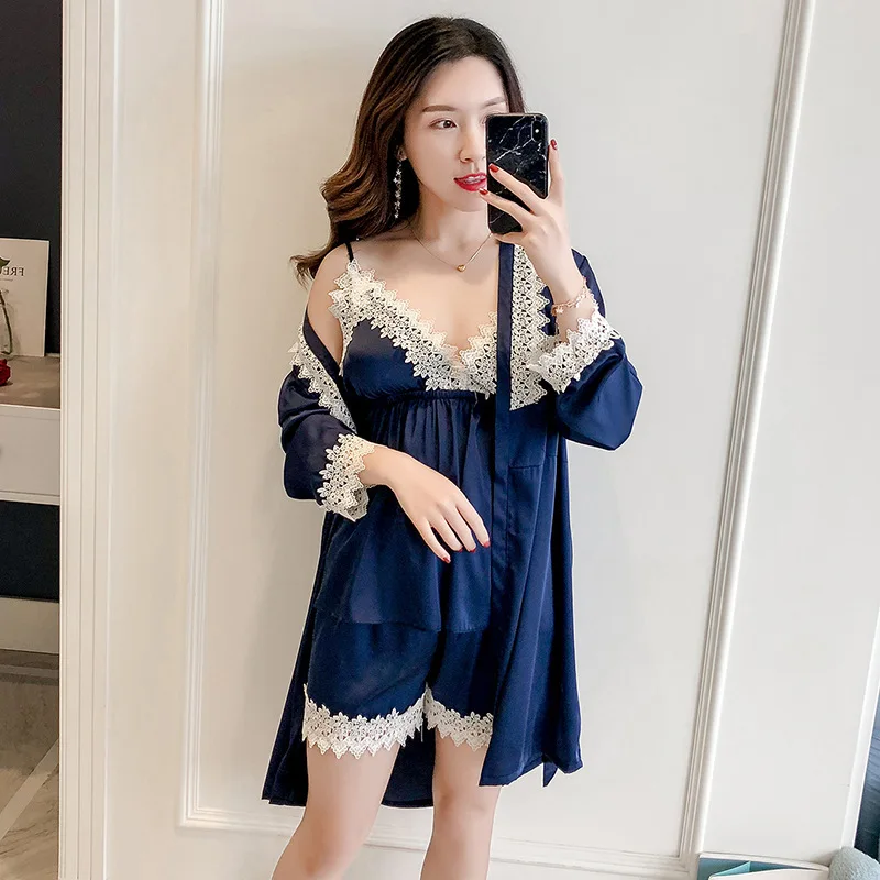 

Navy Blue Lady Strap Top Pants Suit Pajamas Sleepwear Sets Womens Home Wear 3PC Nightgown Sexy Kimono Robe Bath Gown Nightdress
