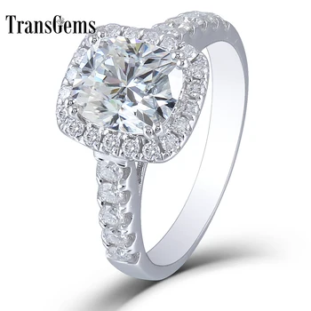 

Transgems 10K White Gold 2.55 CTW 7X8mm FGH color Cushion Cut Halo moissanite Enagement Ring Solitare with Accents for Women
