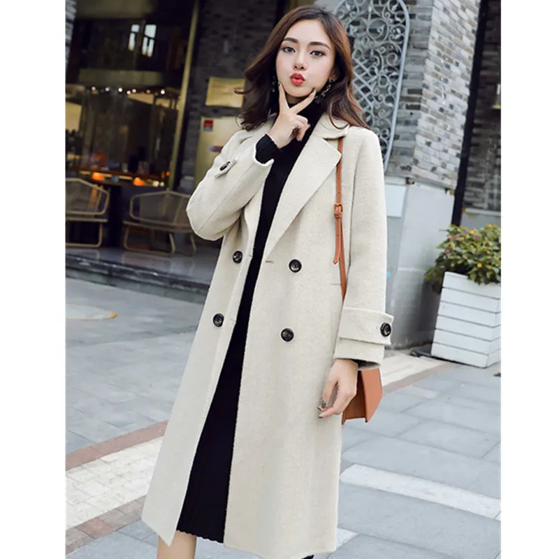 Корейское зимнее женское шерстяное длинное пальто, модное тонкое элегантное женское теплое пальто, одноцветное женское высококачественное популярное шерстяное пальто