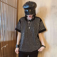 Весенняя мода High Street Стиль Женская горный хрусталь угол blingin' повседневное T тонкие пуловеры футболки