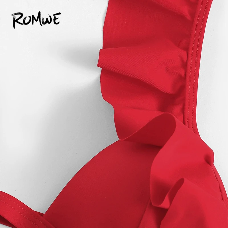 Romwe para deporte rojo sólido de triángulo escotado Top con cuello empate lado Bikini conjunto, Fondo de mujeres Sexy vacaciones en la playa traje de baño