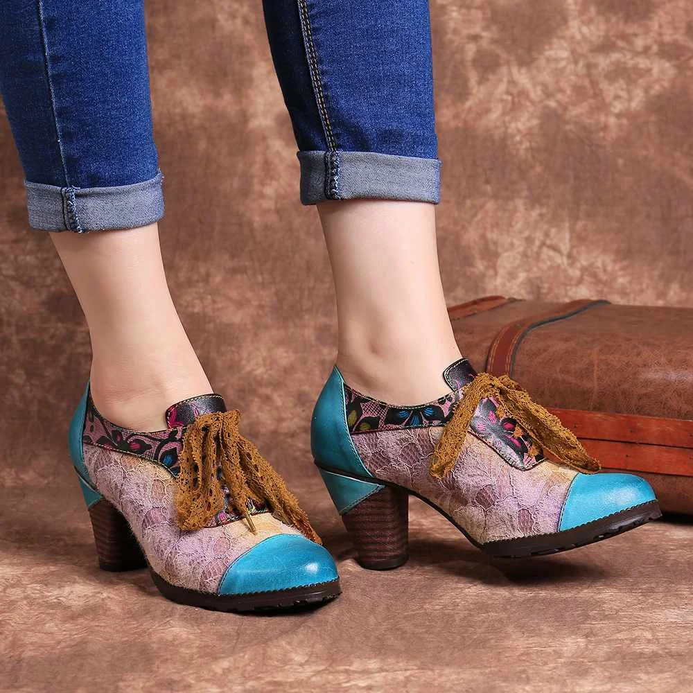 SOCOFY Elegance Genuine Sandals WomenLeather Splicing Lace Retro Pattern Comfortable Lace Up Pumps Elegant Shoes Woman