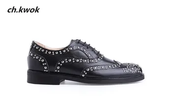 

Ch.kwok High Quality British Style Rivets Design Oxfords Men's Dress Shoes Black Leather Rivets Studded Men's Casual Flats