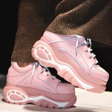 Novas Mulheres Genuínas Tênis De Couro Rendas Até Sapatos de Plataforma Rosa Ulzzang Feminino Casual Flats Senhoras Sapatos Tenis Feminino 2018