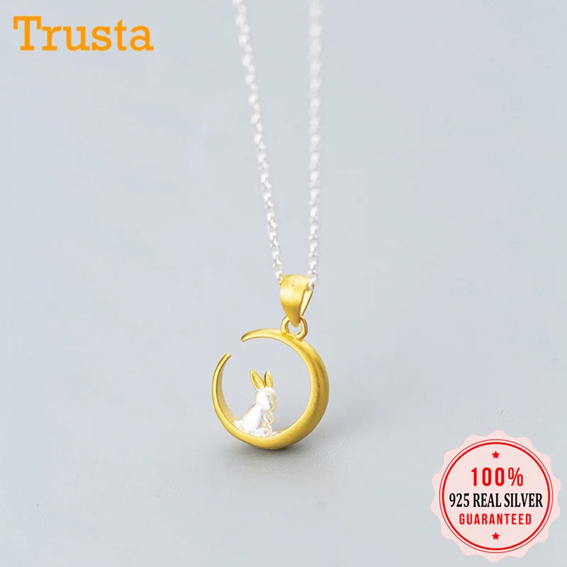 

Trusta 100% 925 Solid Real Sterling Silver Gold Moon Rabbit Pendant Short 41cm Necklace For Girl Women Silver Jewelry DS1172