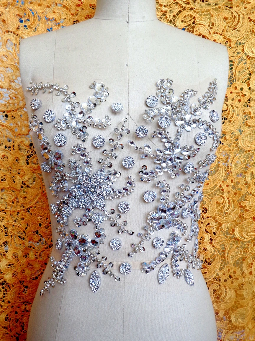 A116 Handmade crystal patches sew on silver Rhinestones applique with