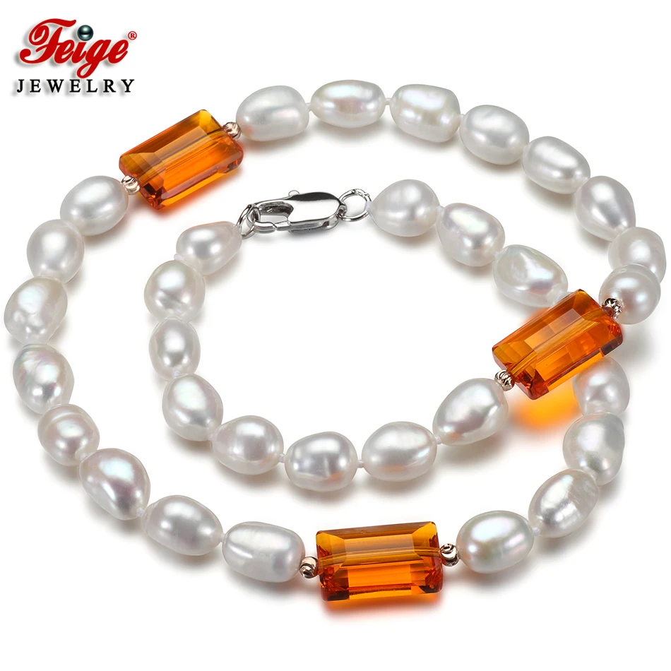 

Feige Special offer Baroque 7-8MM White Freshwater Pearl Choker Necklace for Women Orange Crystal Gargantilla Fine Pearl Jewelry