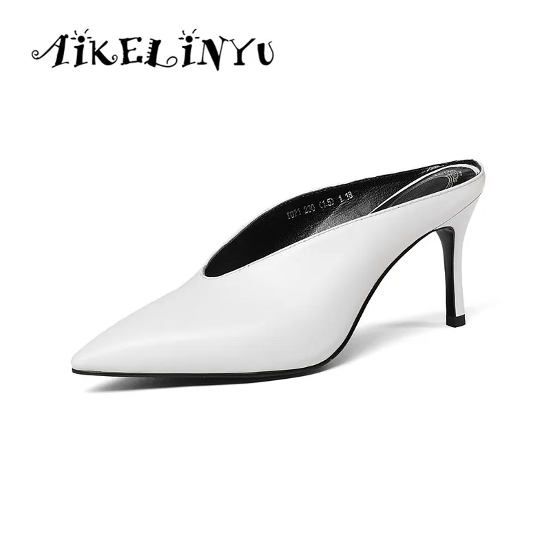 

AIKELINYU Thin High Heel Woman Slippers Best Sellers Cowhide Mules Slippers Fashion 9CM Sexy Pointed Toe Party Shoes Lady Shoes