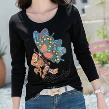 Vetement Femme женские бабочки бусины ручной работы Стразы Футболка с пайетками бриллиантами блёстки Осенние футболки Топы женские