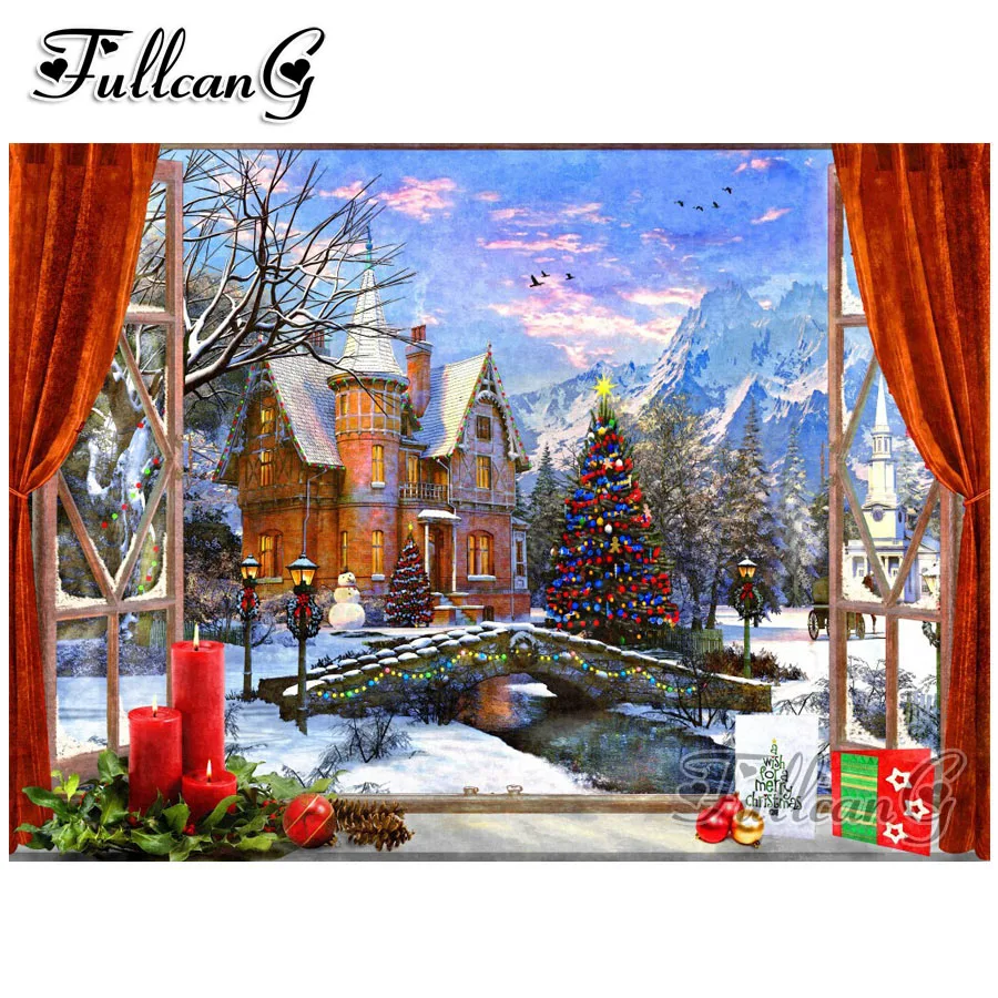 

FULLCANG diy 5d diamond mazayka christmas mountain window view dimond painting full square/round drill embroidery kit FC996