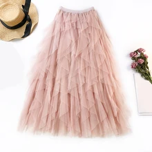 Женская весенне-летняя элегантная эластичная сетчатая юбка до середины икры с оборками, Женская Модная трикотажная юбка-карандаш в стиле ампир, один размер