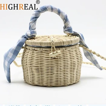 

HIGHREAL New Rattan Bag Handbag Lattice Silk Scarf Portable Straw Bag Cylinder Small Jar Beach Bag Drop Shipping
