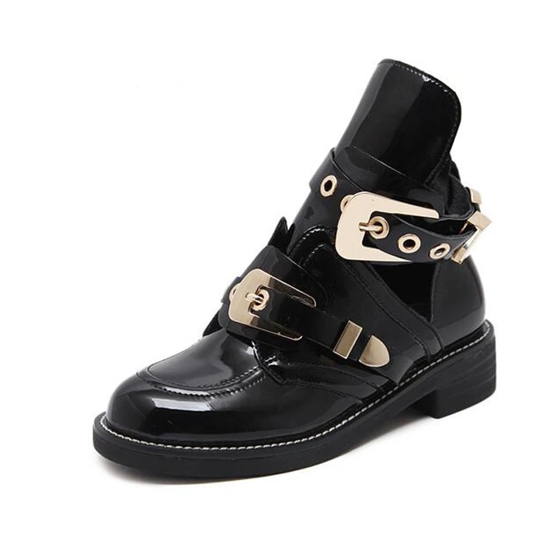 

European famous brand woman boots buckle strap boots cut out ankle boot for woman metal buckle open Martin boats British style