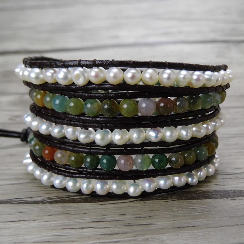 India beads pearl wrap bracelet bead wrap bracelet Leather wrap