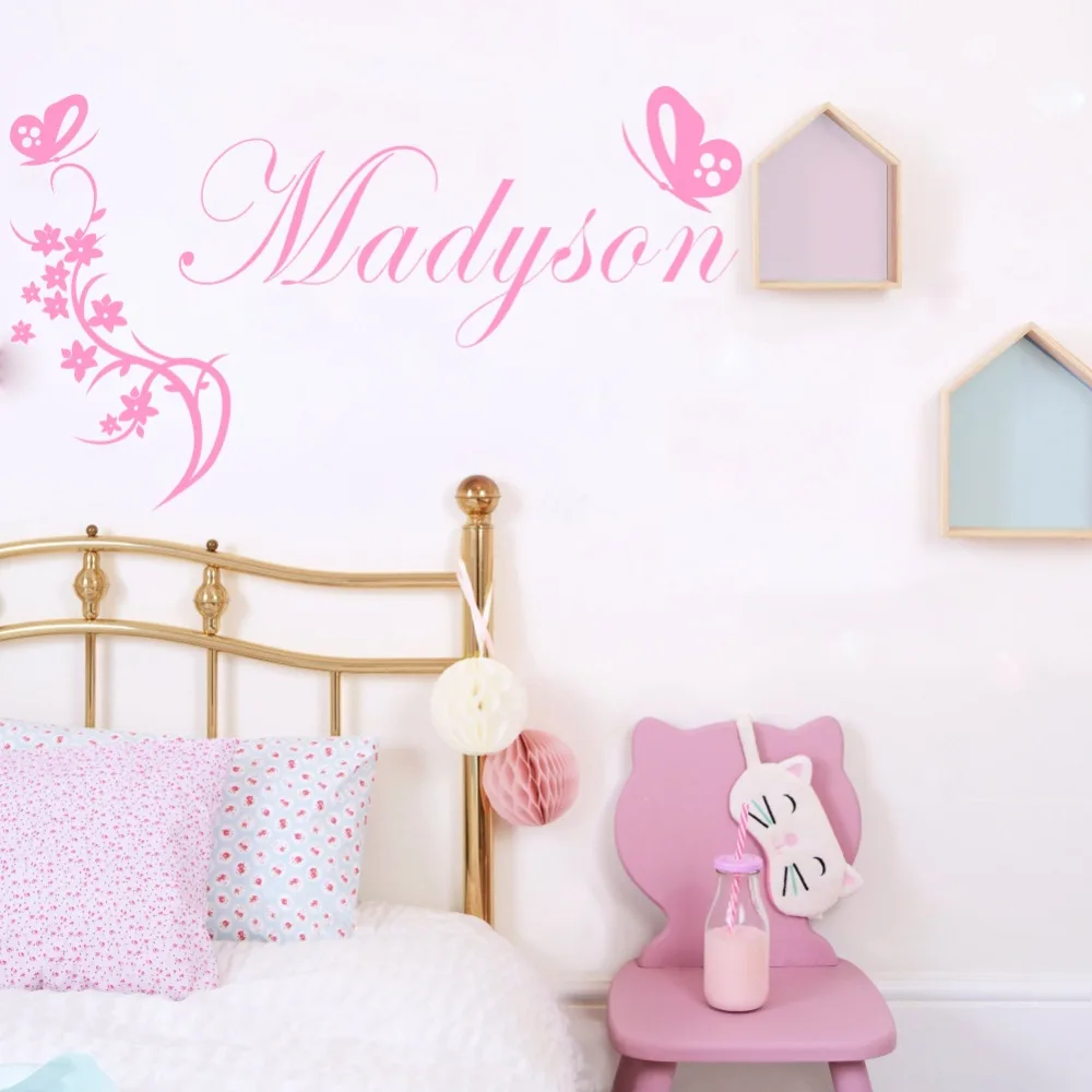 

Custom Name Vinyl Wall Sticker Flower Vine Butterflies Art Vinyl Letter Decal for Kids Room Decoration
