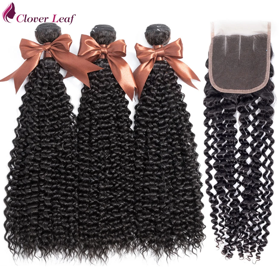 

Clover Leaf Kinky Curly Hair 3 Bundles With Closure 4*4 Lace Closure With Mongolian Human Hair Weave Remy Hair Extensions