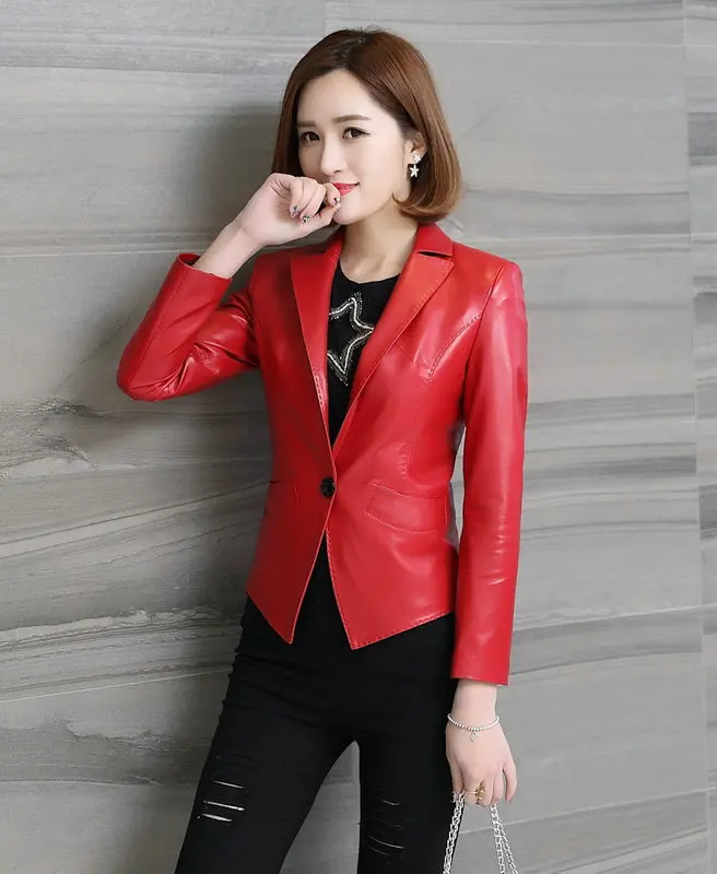 Большой размер, женский костюм, воротник, натуральная кожа, куртка Chaqueta mujer, топ, Бомбер, натуральная кожа, короткая черная куртка, пальто для женщин, lj222 - Цвет: red