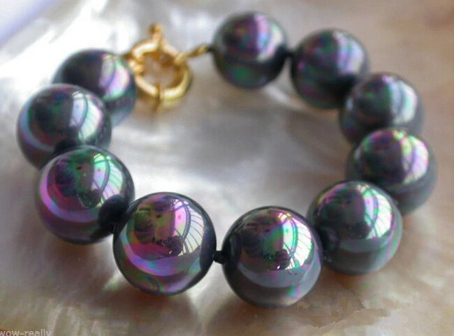 

+Pretty 16mm Rainbow BLack Round South Sea Shell Pearl Bangle Bracelet 8''
