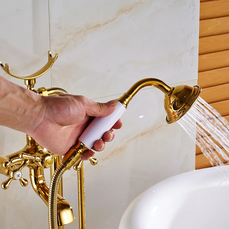 Uythner Gold Floor Mounted Tub Sink Faucet Dual Handle Bathroom Bath Shower Set Freestanding Bathtub Mixer Tap with Handshower 6