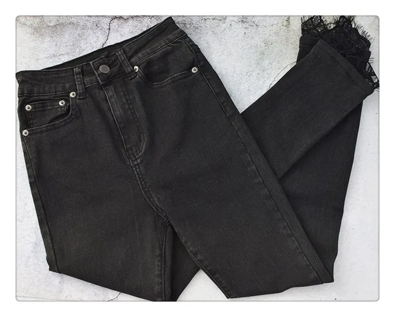 European and American women's wear high waist slender body elastic wash knees broken holes jeans nine trouser leg stitching lace super popular (11)