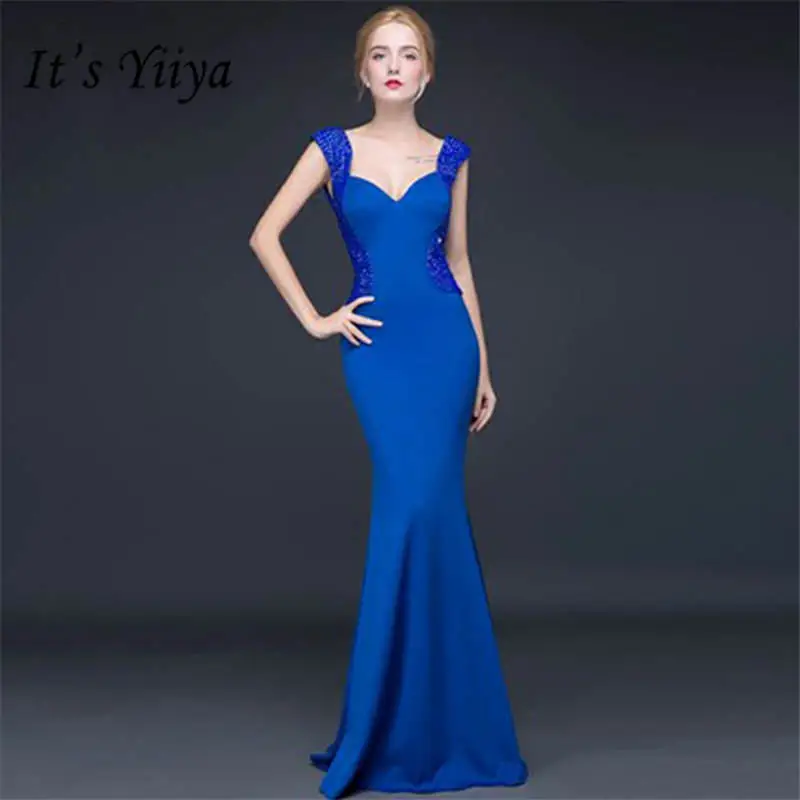 

It's Yiiya Luxury Dark Blue V-Neck Sleeveless Backless Bling Crystal Evening Dresses Floor Length Trumpet Formal Dress LX653