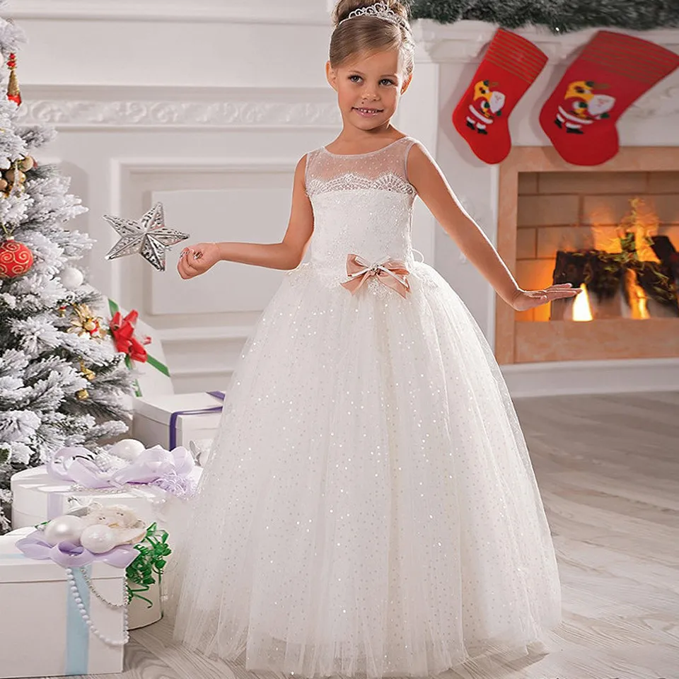 

White Ivory Flower Girl Dress for Wedding Fluffy Tulle Solid Vestidos Christmas Dress Ball Gowns with Bow First Communion Dress