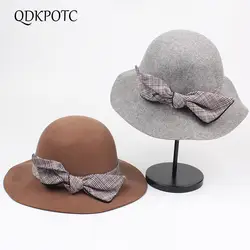 QDKPOTC 2018 Новая мода Fedoras Для женщин джаз шляпа купол бабочка 100% шерсть Кепки элегантный Повседневное Hat