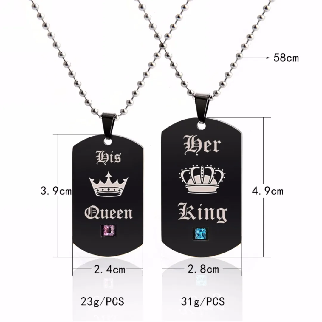 His and Her His Queen Her King Lover Couple Dog Tag Pendant Necklace Gift